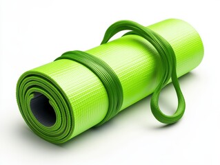 Rolled green yoga mat with strap.