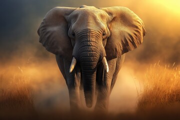 Fototapeta premium A giant elephant in the African savannah, with golden grass covered with dry dust against the background of the sun.