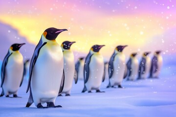 A colony of emperor penguins against the background of the icy expanses of Antarctica, soft snowfall, delicate pastel sky in the background.