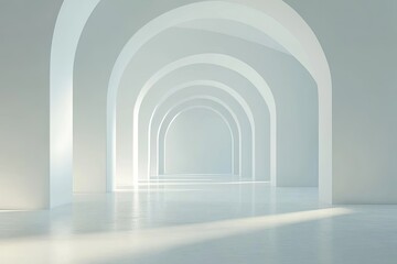 Obraz premium Empty white arched hallway, leading to light