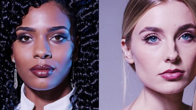 Split-screen video concept with close-up portraits of two women, showcasing diverse beauty. Straight-on camera angle emphasizes facial features.