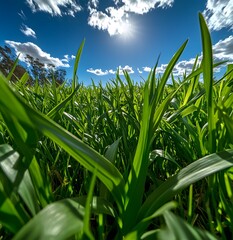 Fototapeta premium Lush green field, low angle, sunny day, trees in background