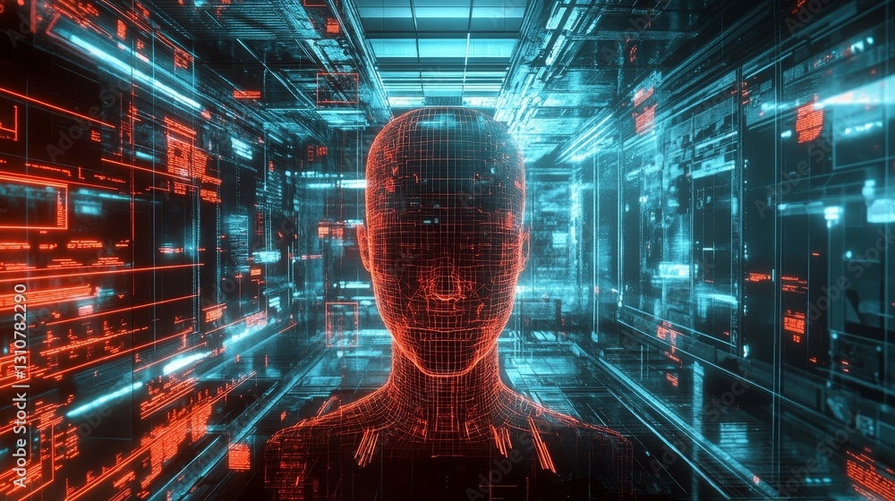 Poster a computer generated image of a face with red and blue lights surrounding it