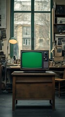 Vintage TV with green screen in retro workshop.