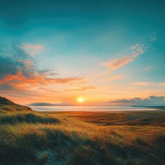Fototapeta premium Serene sunrise over grassy plains.
