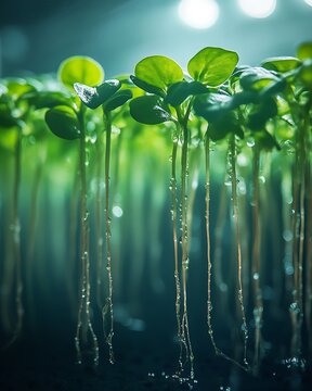A close-up of vibrant hydroponic plants with roots suspended in nutrient-rich water, thriving under artificial lighting