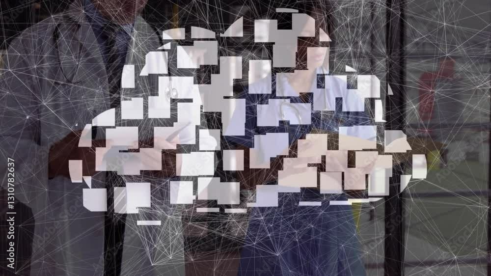 Aufkleber business professionals using cloud computing with digital network animation in office