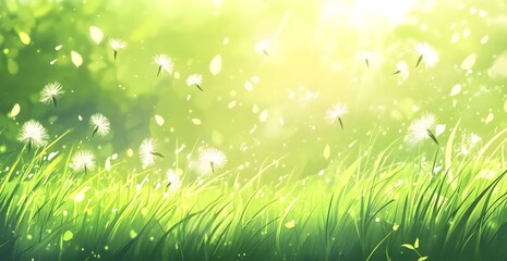 Obraz premium Spring meadow, dandelions, floating seeds, sunlight