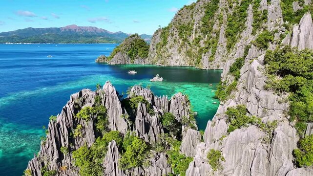 Aerial drone view of Twin Lagoon in Philippines. near coron island, tourism destination in Palawan islands. 