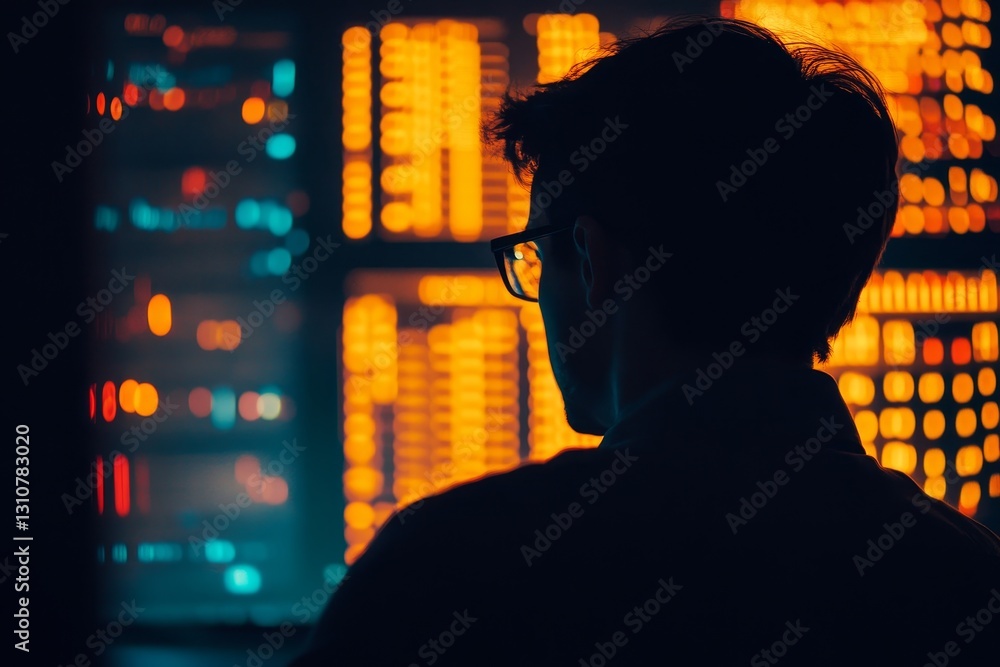 Poster a man is looking at a computer screen with a lot of numbers and graphs