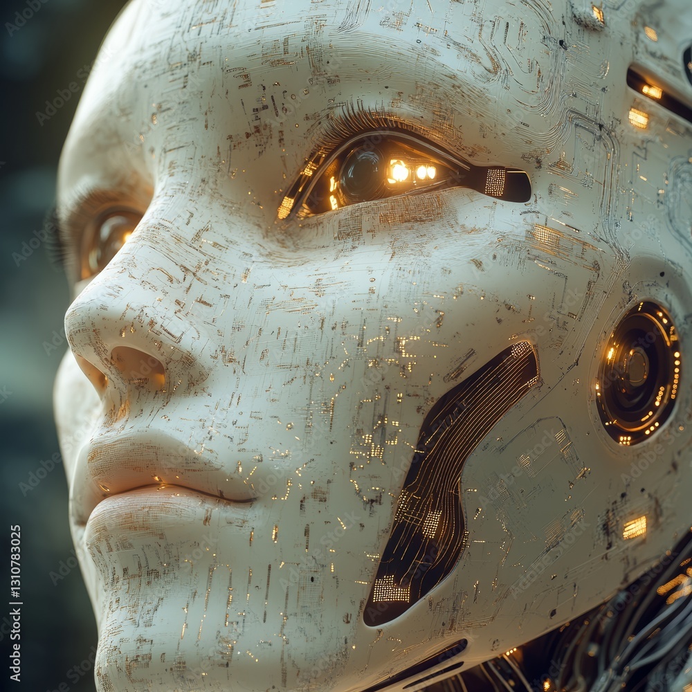 Aufkleber futuristic robotic face with intricate circuit board design elements