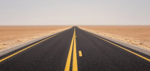 Naklejka premium A straight, empty road stretches into the horizon, bordered by dry, barren land under a clear sky, evoking a sense of solitude and adventure.