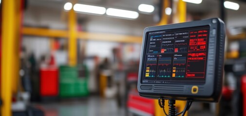 A digital display showcasing diagnostic information in an automotive workshop, with blurred tools and equipment in the background.