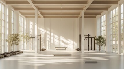 Barbell in an empty gym, modern and minimalistic design, with a bright, clean space around it