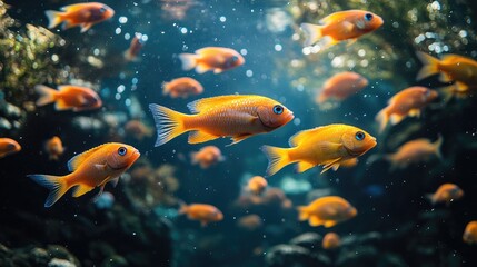 Naklejka premium Numerous small orange fish swimming in a clear underwater environment