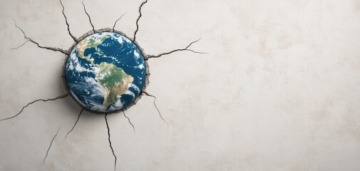 A cracked wall reveals a globe, symbolizing environmental issues and fragility of our planet amidst a backdrop of decay.
