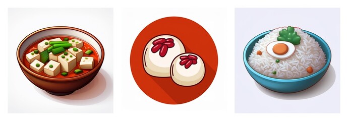 Three bowls of food are presented: a tofu soup with greens, two round desserts with red bean topping, and rice with egg and herbs.