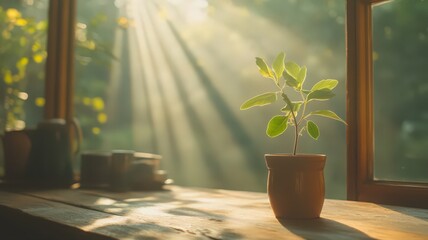 Fototapeta premium Sunlight Illuminates Small Plant in Terracotta Pot on Wooden Window Sill