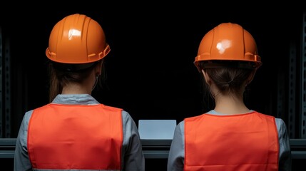 Two workers in hard hats review plans.