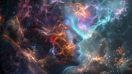 Fototapeta premium Cosmic Dreams: Abstract Portrait of Woman Surrounded by Ethereal Space Elements