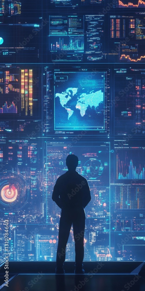 Poster silhouette of a person observing neon data visualizations in a futuristic technology hub