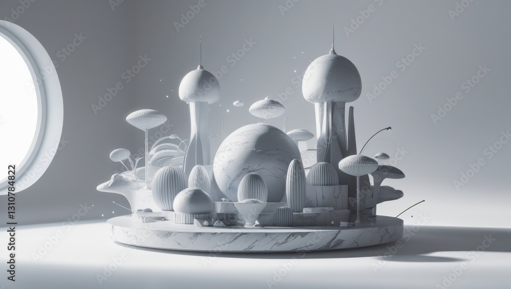 Poster avant garde surreal environment with futuristic white buildings and abstract geometric shapes in a m