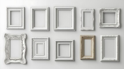 White and beige picture frames on wall.