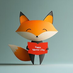 Obraz premium Cute orange fox character holding a Valentine's Day card, cheerful and playful vibe.