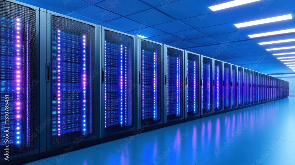 Poster a high-tech server room illuminated with blue and purple lights, showcasing rows of servers in a mod