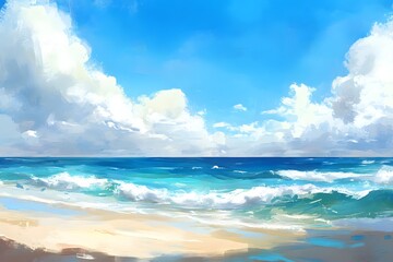 Coastal beach scene, sunny day, waves crashing
