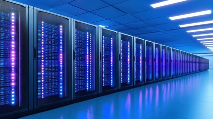 A high-tech server room illuminated with blue and purple lights, showcasing rows of servers in a modern data center environment.
