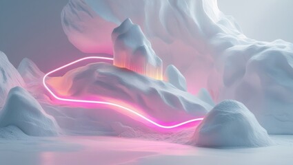 Dreamy Winter Landscape with Snowy Mountains and Neon Lines in Abstract Geometric Style