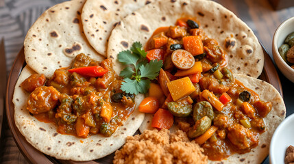 ethiopian injera with colorful wot stews and vegetables on communal platter traditional cuisine food photography