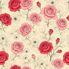 Floral pattern background with roses and daisies on cream