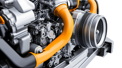 Fototapeta premium A close-up of a modern engine showcasing intricate components and vibrant orange tubing, highlighting advanced engineering and design.