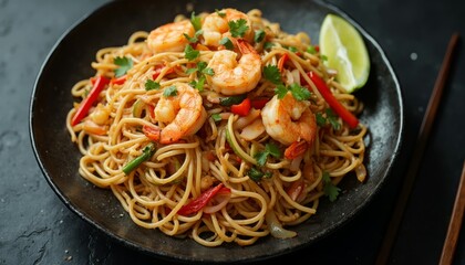 Delicious Shrimp Pad Thai: A Culinary Asian Delight on Dark Background