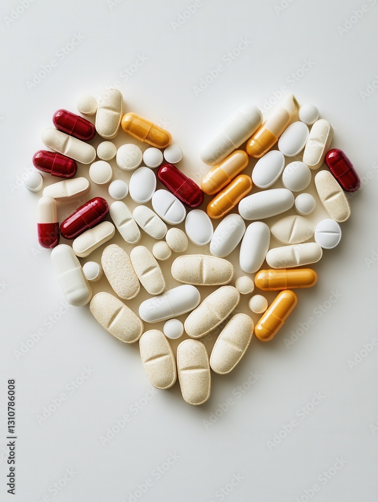 Poster creative heart shaped arrangement of colorful pills and capsules on a clean background showcasing mo