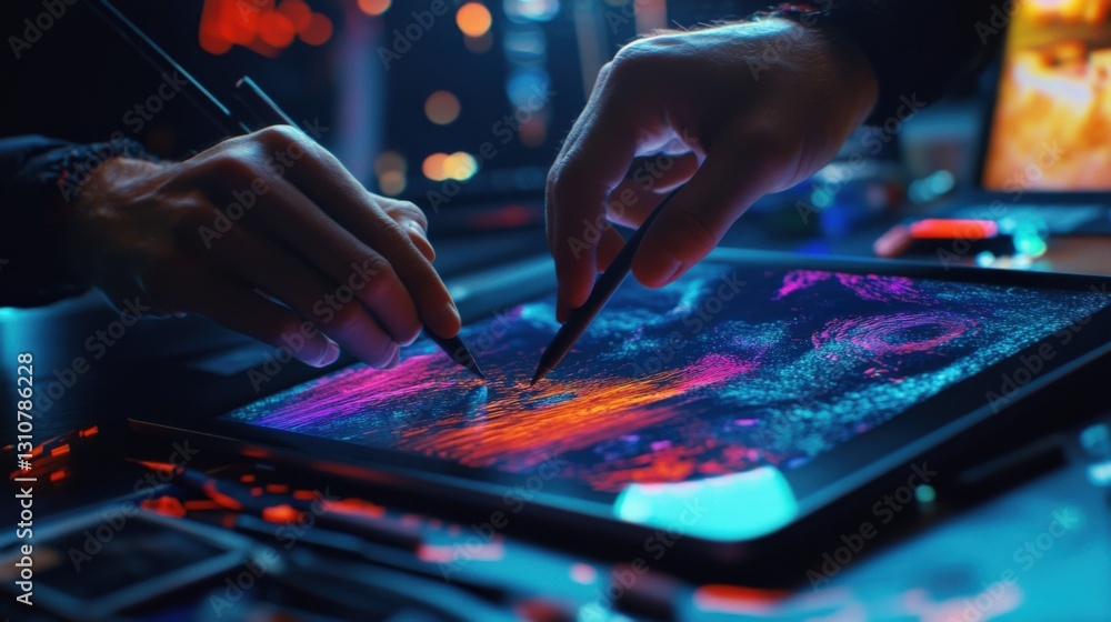 Poster two designers are using stylus pens on a digital tablet, creating vibrant and colorful abstract art 