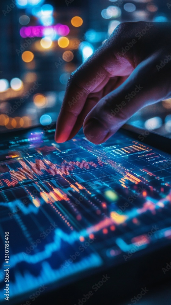 Poster hand interacting with data visualization on tablet screen in urban night setting