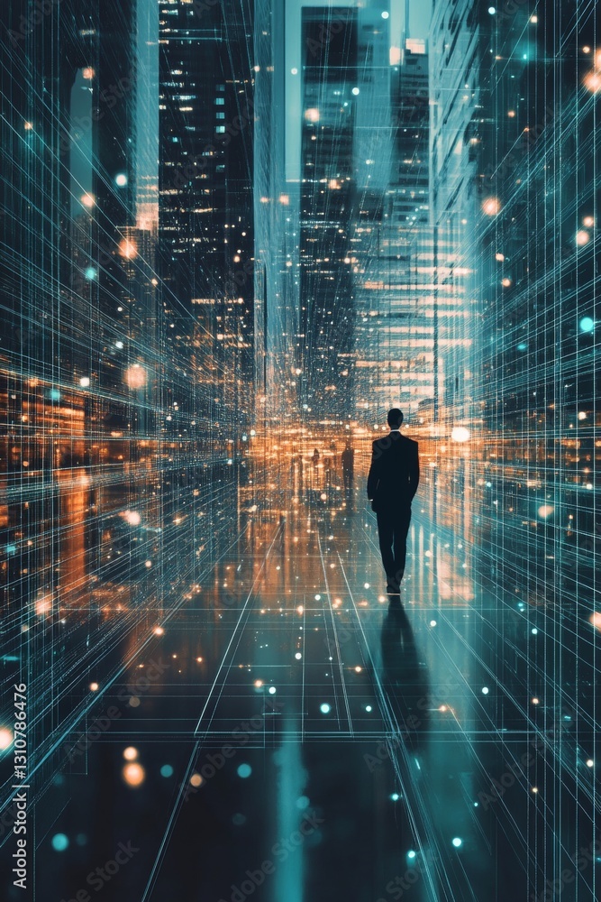 Poster silhouette of a businessman in a futuristic urban environment with abstract data visualization