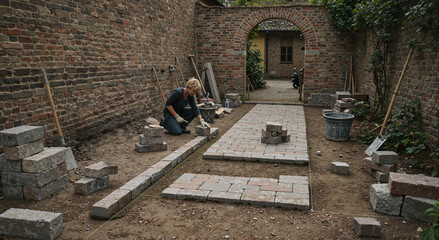Woman Carefully Paving Stone Courtyard in Traditional Setting