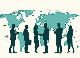 Global business meeting handshake with map silhouette