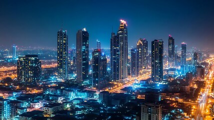 Fototapeta premium A vibrant city skyline illuminated at night, showcasing modern architecture and urban life.