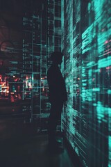 A man stands in front of a wall of computer screens