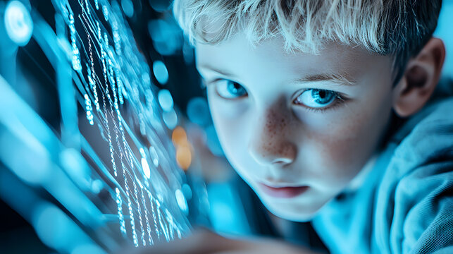 Gen alpha with future technology. A focused boy interacts with luminous technology, showcasing curiosity and engagement in a digital environment.