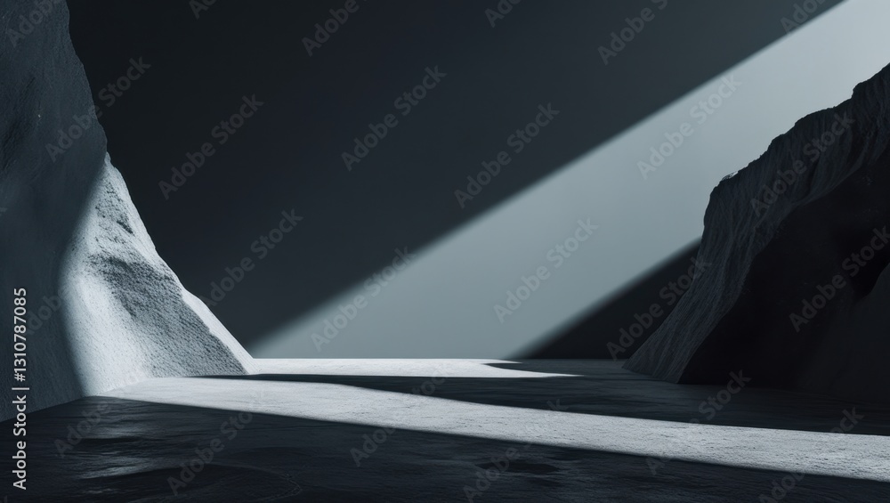Poster moody modern landscape advertisement with a dramatic spotlight and gray rock walls emphasizing shado