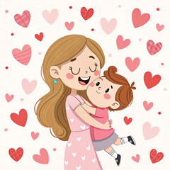 Cute cartoon mother and child illustration with a love heart mother day concept background