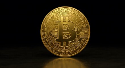 Crypto currency golden coin with black lackered bitcoin symbol on obverse isolated on black background. 
