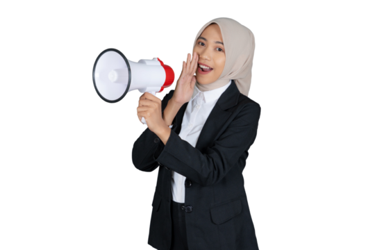Portrait of Young Businesswoman in a Hijab with Megaphone Isolated Transparent
