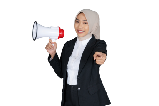 Portrait of Young Businesswoman in a Hijab with Megaphone Isolated Transparent